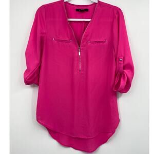 Paper Tee Womens Pink 3/4 Sleeve Zippered Front Blouse Shirt Top NEW Small